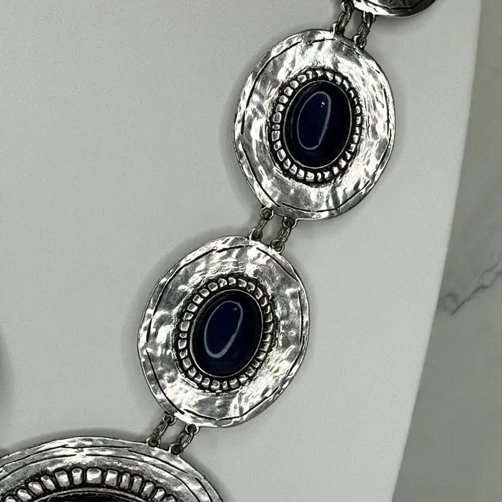 Chico's Blue Cabochon Silver Tone Disc Station Bib Necklace ✨ - Picture 8 of 11